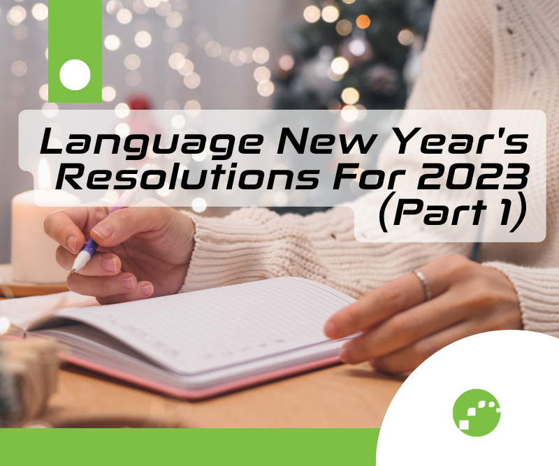 A woman is sitting and writing something in her notebook. You can see only woman's hands. On the picture it is written: Language New Year's Resolutions For 2023 (Part 1).