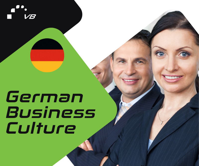 In the picture on the right, you can see three friendly faces. In the foreground on the right is a young businesswoman behind - two businessmen. Everyone smiles. On the left, on the green square above, there is a circle with the colors of the German national flag. At the bottom of this square is written "German Business Culture." In the background on the left, you can see part of the black square with the white "Verbal Bridges" logo.
