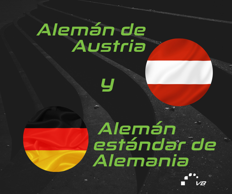 En el fondo negro, "alemán de Austria" está escrito en letras verdes en la parte superior izquierda y “ alemán estándar de Alemania” en la parte inferior derecha. En la parte superior derecha hay un círculo con los colores de la bandera del estado austriaco y en la parte inferior izquierda hay un círculo con los colores de la bandera del estado alemán. Esta imagen se usa para la publicación del blog "Diferencias entre el alemán de austriaco y alemán.”